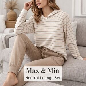 MAX & MIA Womens Striped Hoodie Jogger Set Tan Sz M Waffle Knit Cozy Athleisure